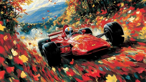 Vintage red Formula racing car in autumn forest scene.