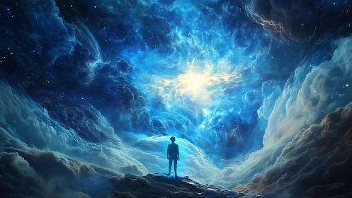 Solitary figure beneath luminous cosmic storm sky.