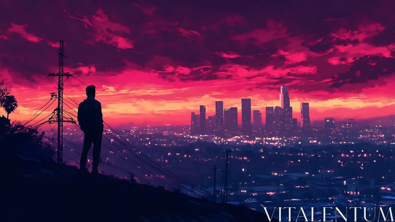 Quiet hilltop dreamer watching a glowing city sunset.