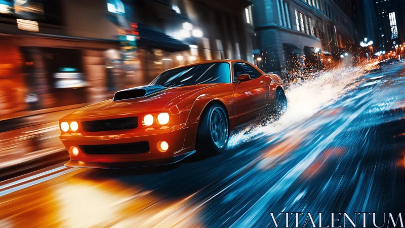 Orange sports car driving through wet nighttime city street.