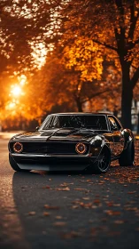 Restomod muscle coupe under autumnal bokeh sunlight glow.