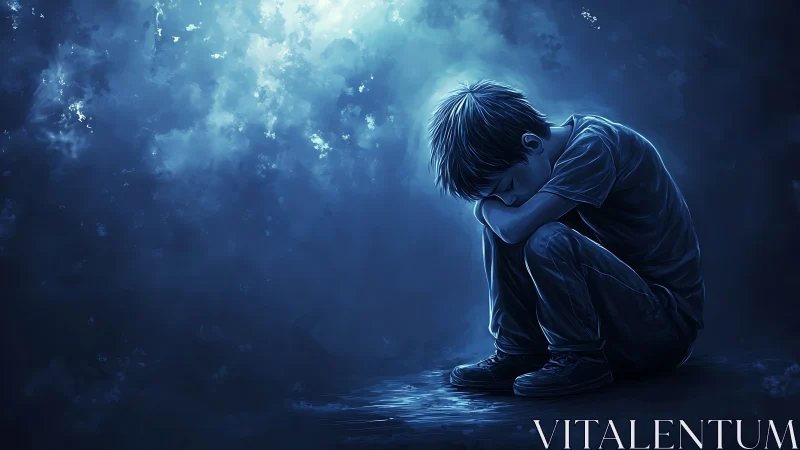 Digital painting of isolated boy in blue atmospheric void.