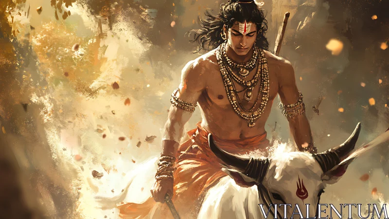 Warrior deity riding sacred bull amid dynamic golden dust