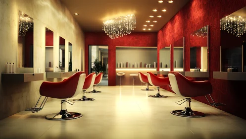Glamorous red salon chairs glowing under crystal chandeliers.