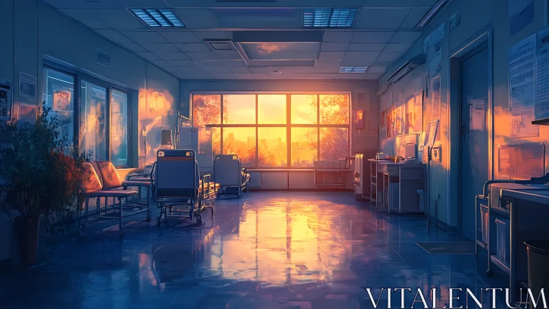 Hospital corridor interior with sunset window illumination.