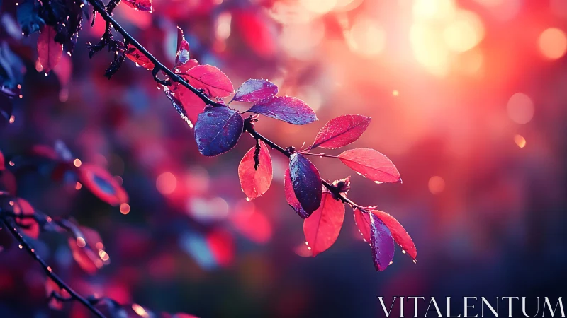 Crimson leaves catch backlit sunset glow with dewy shimmer