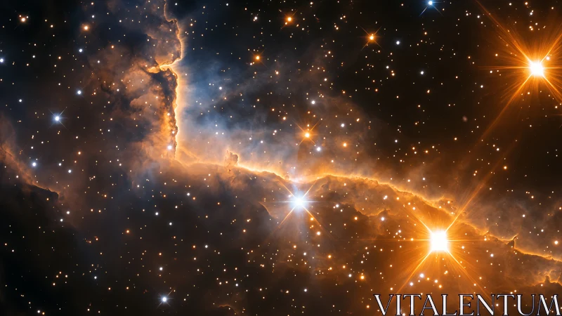 Star-forming nebula glows with ionized gas and dust ridge.
