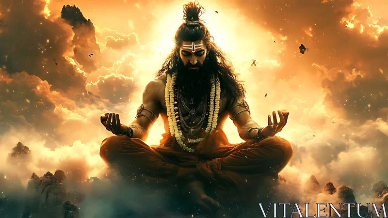 Digital painting of divine yogi in luminous aerial composition.