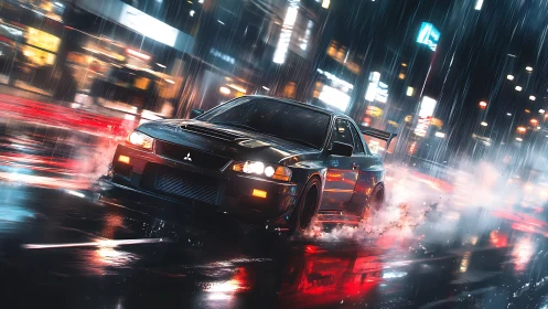 Tuned black rally sedan drifting on wet neon city street at night