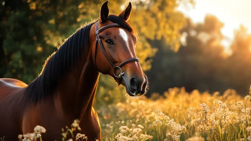 Photorealistic bay horse portrait in sunlit meadow composition.