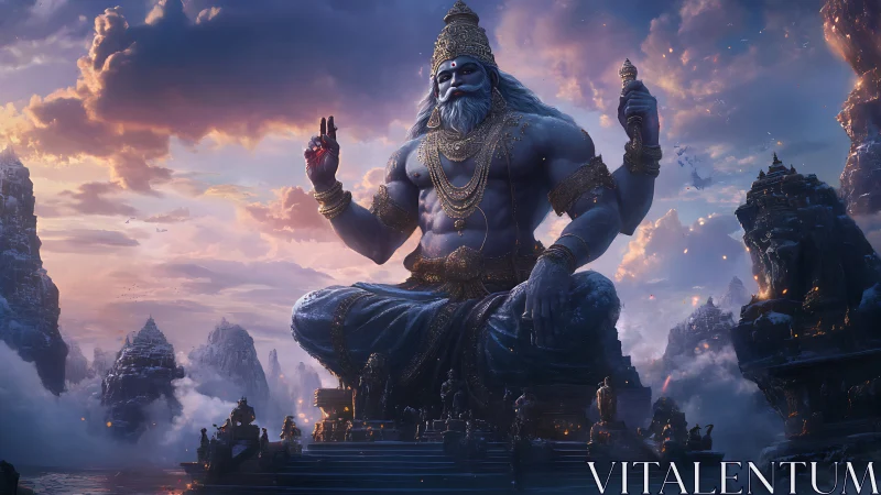 Colossal blue deity statue seated amid misty mountain temples.