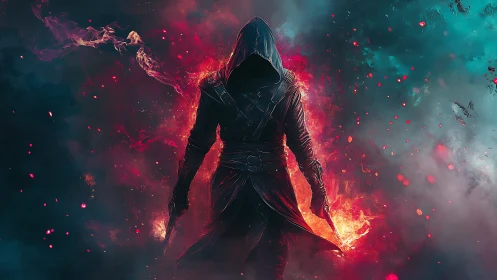 Hooded firecaster in dual-color atmospheric digital painting.