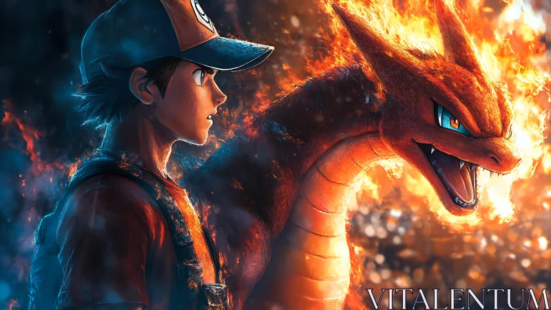 Flamebound trainer and dragon blaze through molten twilight.