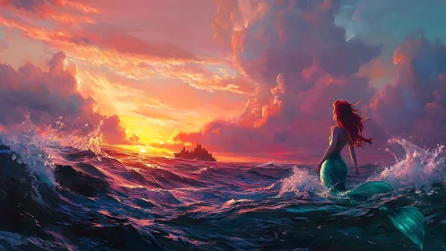 Curious mermaid gazes toward a glowing island sunset at sea.