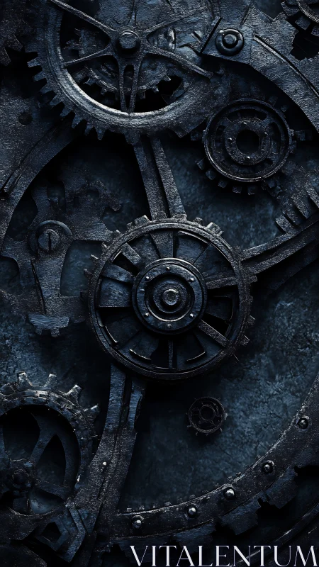 Corroded mechanical gear-train assembly under low-key lighting.