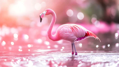 Graceful pink flamingo stands in dreamy sparkling water.
