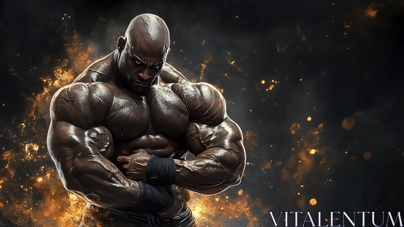 Muscular male bodybuilder posing against dark fiery backdrop.