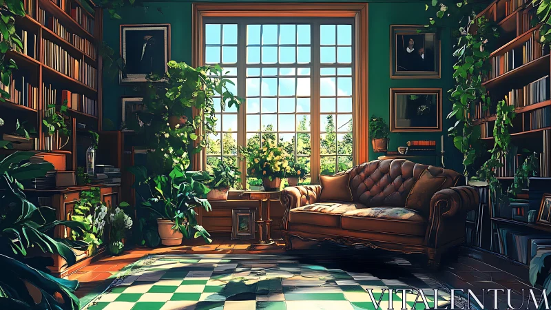 Digital painting of sunlit botanical study lined with bookshelves.