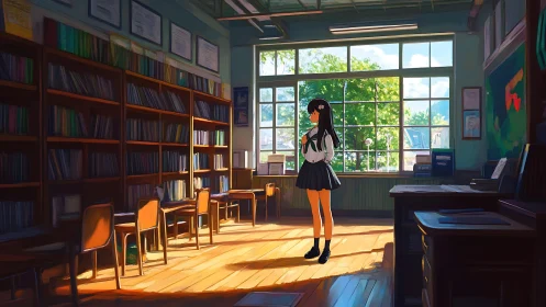 Sunlit school library moment with a quiet daydreaming girl.