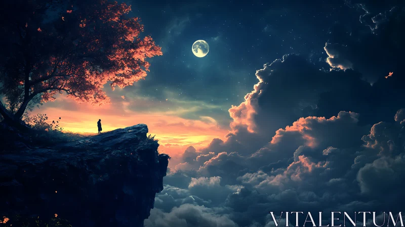 Lone figure on cliff under luminous moonlit nebula sky.