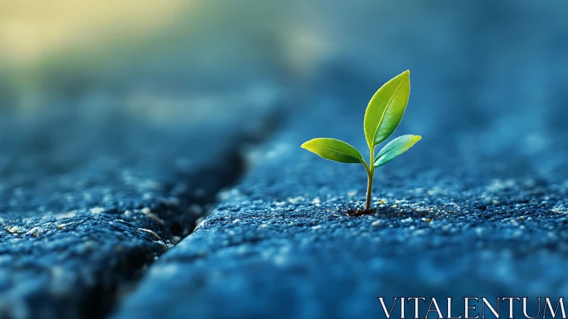 Green seedling breaks blue asphalt, symbolizing renewal
