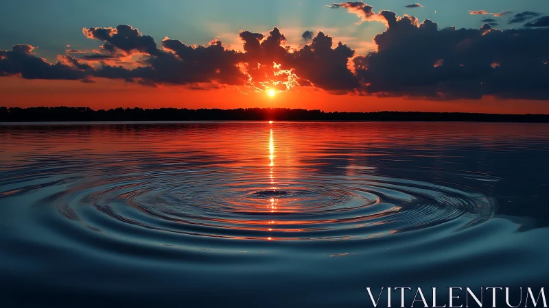 Sunset light reflects on lake surface with expanding ripples