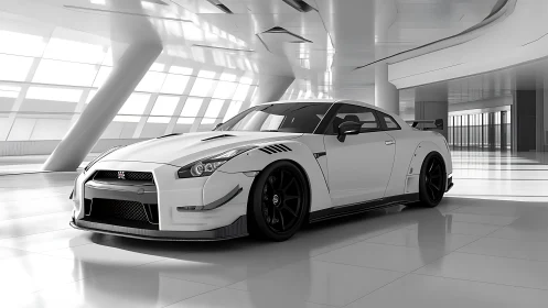 Sleek white sports coupe in futuristic glass pavilion interior.