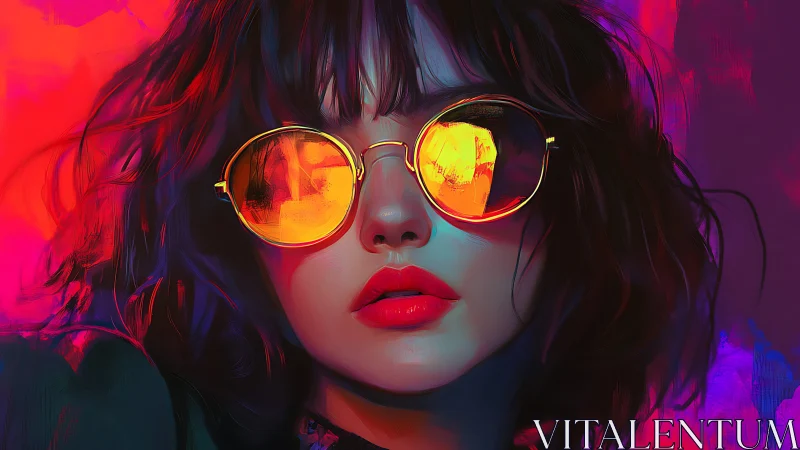 Neon-lit woman in reflective sunglasses stares forward