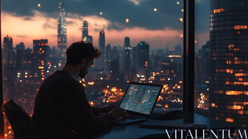 Solitary coder overlooking neon city at vivid dusk glow.
