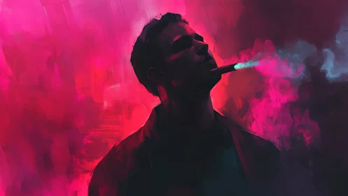 Neon-lit smoker in moody magenta and cyan nocturne.