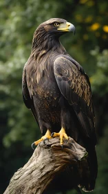 Regal golden eagle rests calmly on a weathered forest perch