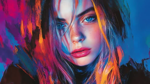 Vivid digital portrait merges female face with neon paint