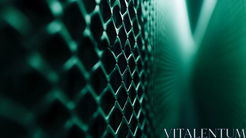 Teal metal mesh captures shallow depth and linear light glow
