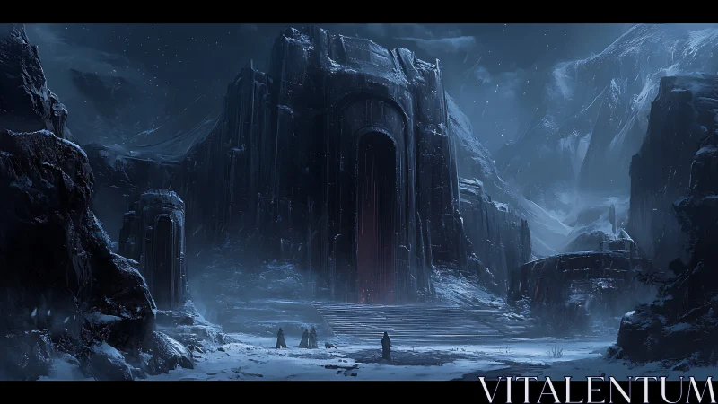 Monolithic icy fortress gate glows red in desolate night landscape