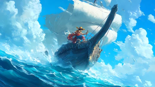 Dynamic bow-on sailing scene with stylized ocean and sky lighting