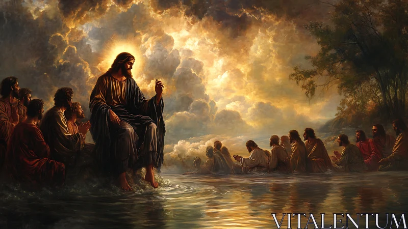 Jesus and disciples gathered by water under radiant sky.