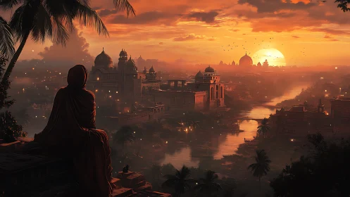 Monk of the Ember River watching palaces drown in sunset.