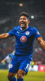 Triumphant football forward celebrating wet night goal.