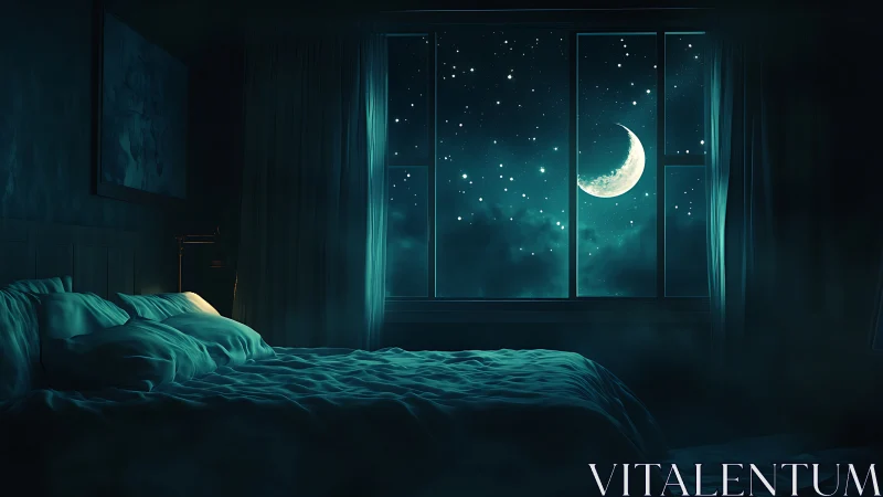 Nighttime bedroom interior with moonlit starry window.