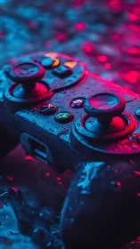 Neon-Lit Gaming Controller with Dynamic Cyan-Magenta Color Grading.