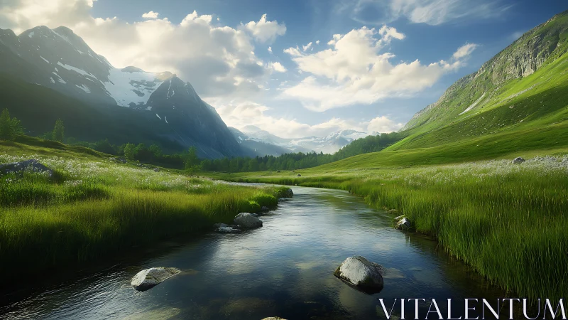 Mountain valley river under soft cinematic daylight glow.