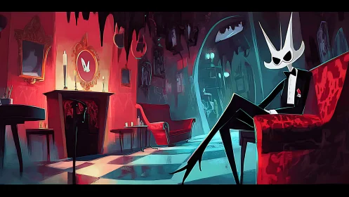 Anthropomorphic figure in stylized lounge interior setting.