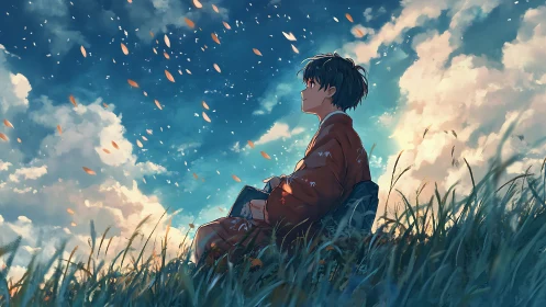 Solitary figure in kimono under dynamically lit evening sky