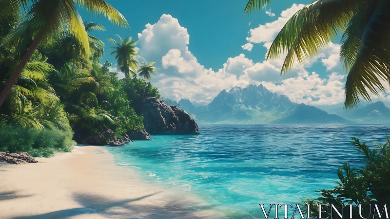 Tropical Paradise Beach with Palm Trees and Mountain Vista