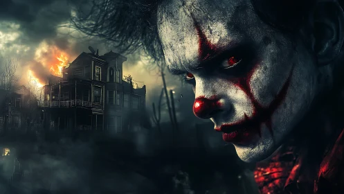 Sinister clown watches over burning haunted mansion at dusk.