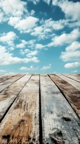 Weathered wooden deck under blue sky with sparse clouds.