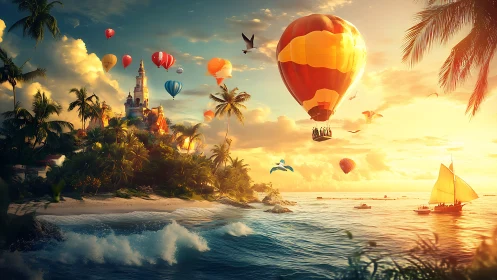Sunlit tropical island with balloons, castle skyline and dynamic surf