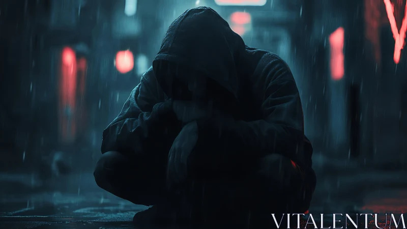 Hooded figure crouching in rainy neon lit urban alley.