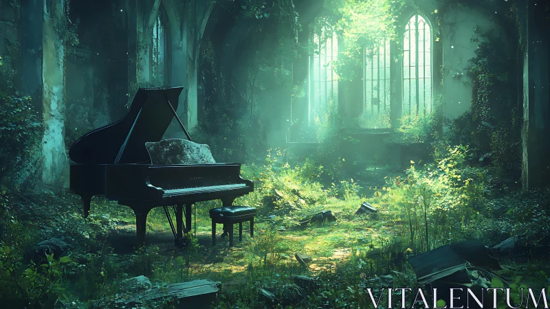 Grand piano in overgrown cathedral ruins under volumetric light