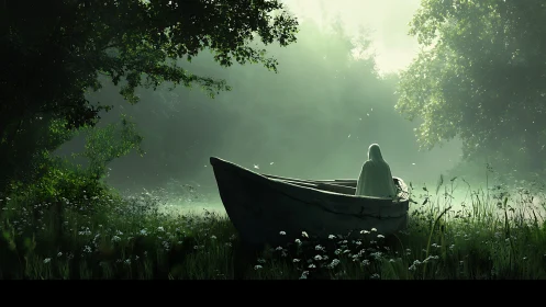 Gentle robed figure resting in a misty forest boat scene.
